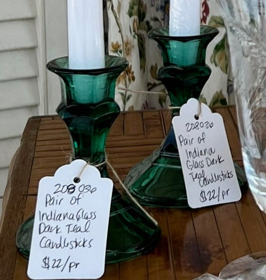 Dark Teal / Emerald Green Indian Glass Candlesticks (Pair)