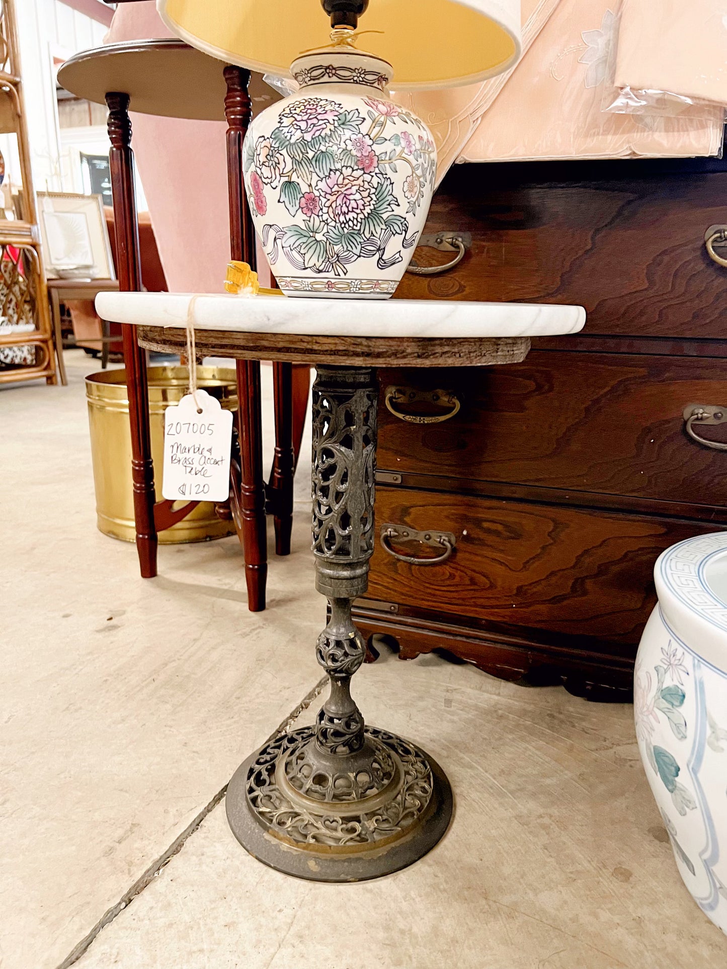 Marble Top Side Table with Filigree Brass Base