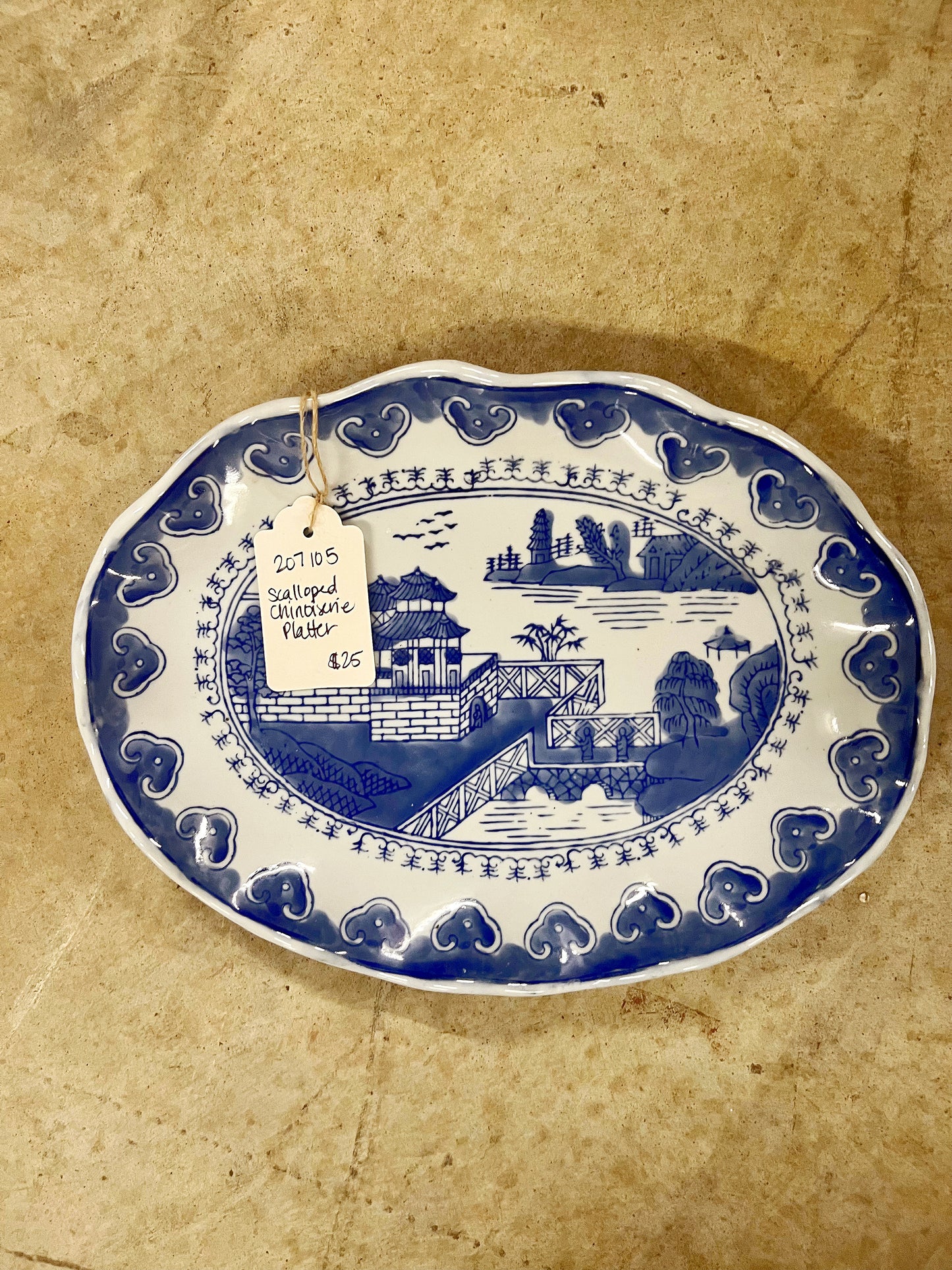 Scalloped Chinoiserie Blue & White Tray