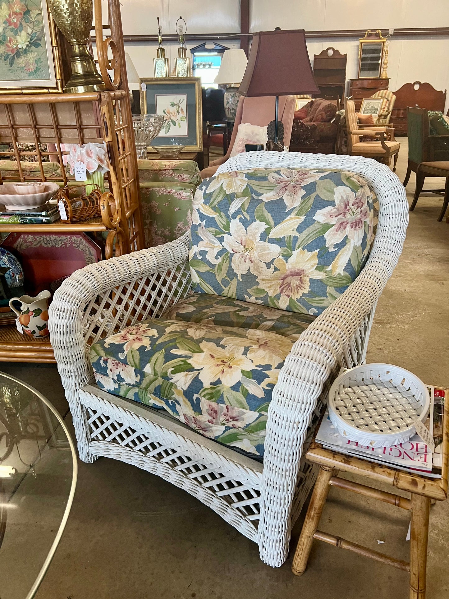 Pair of White Wicker Lounge Chairs