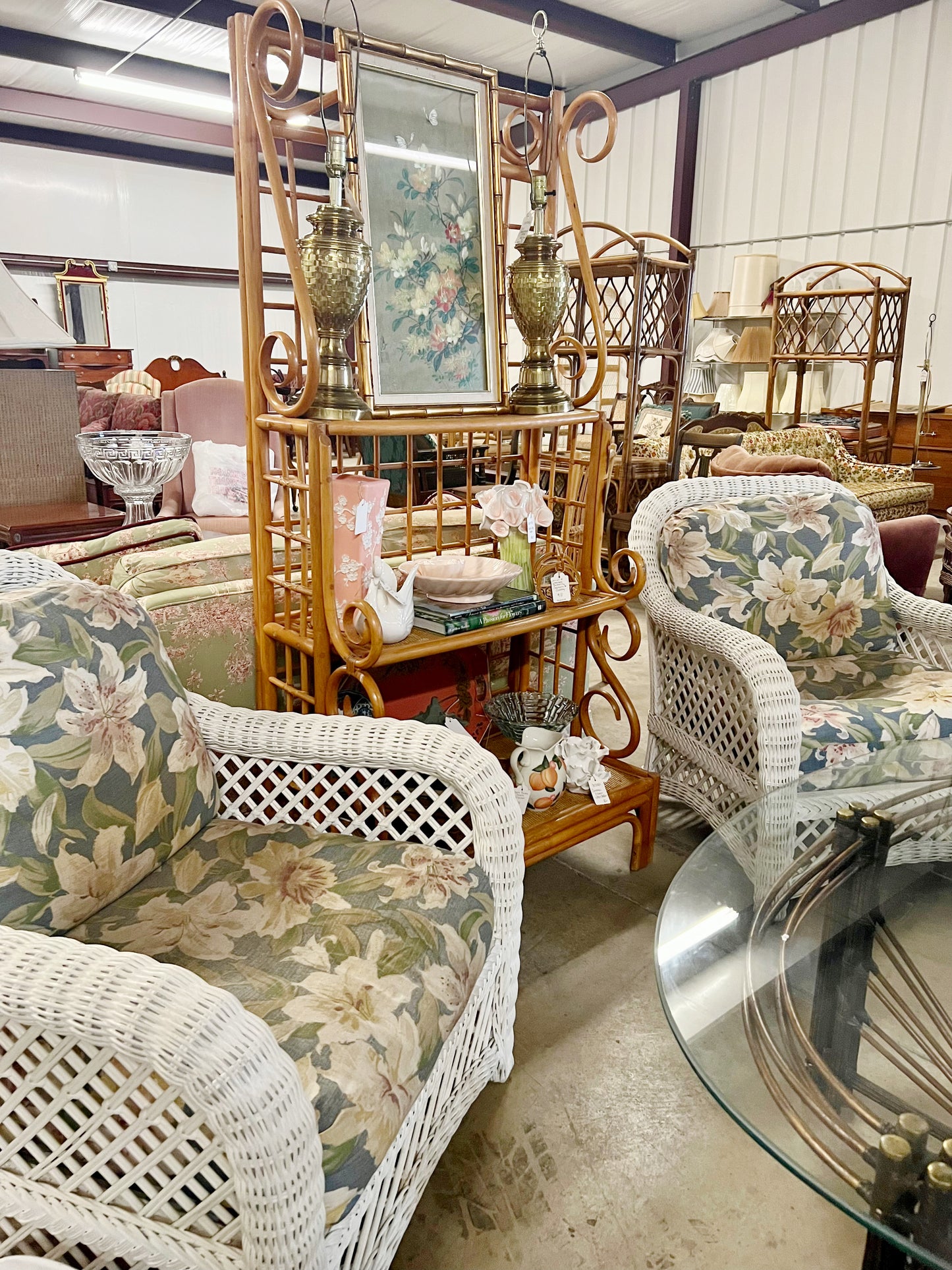 Pair of White Wicker Lounge Chairs