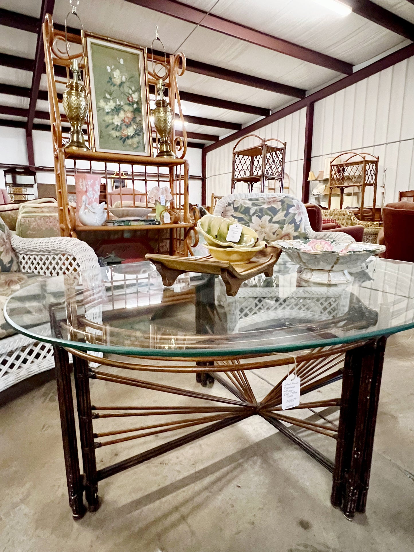 Steel Faux Bamboo & Brass Glass Top Oval Coffee Table