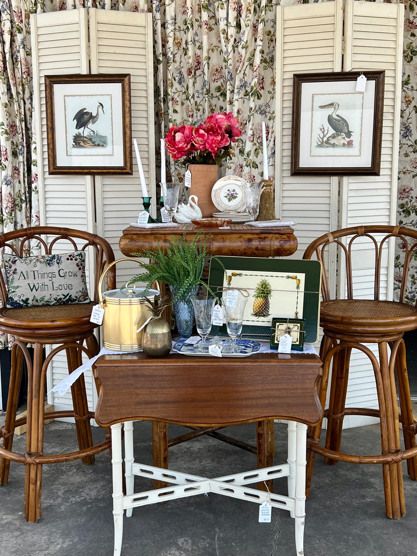 Bamboo-Look White Drop Leaf Table with Wood Top