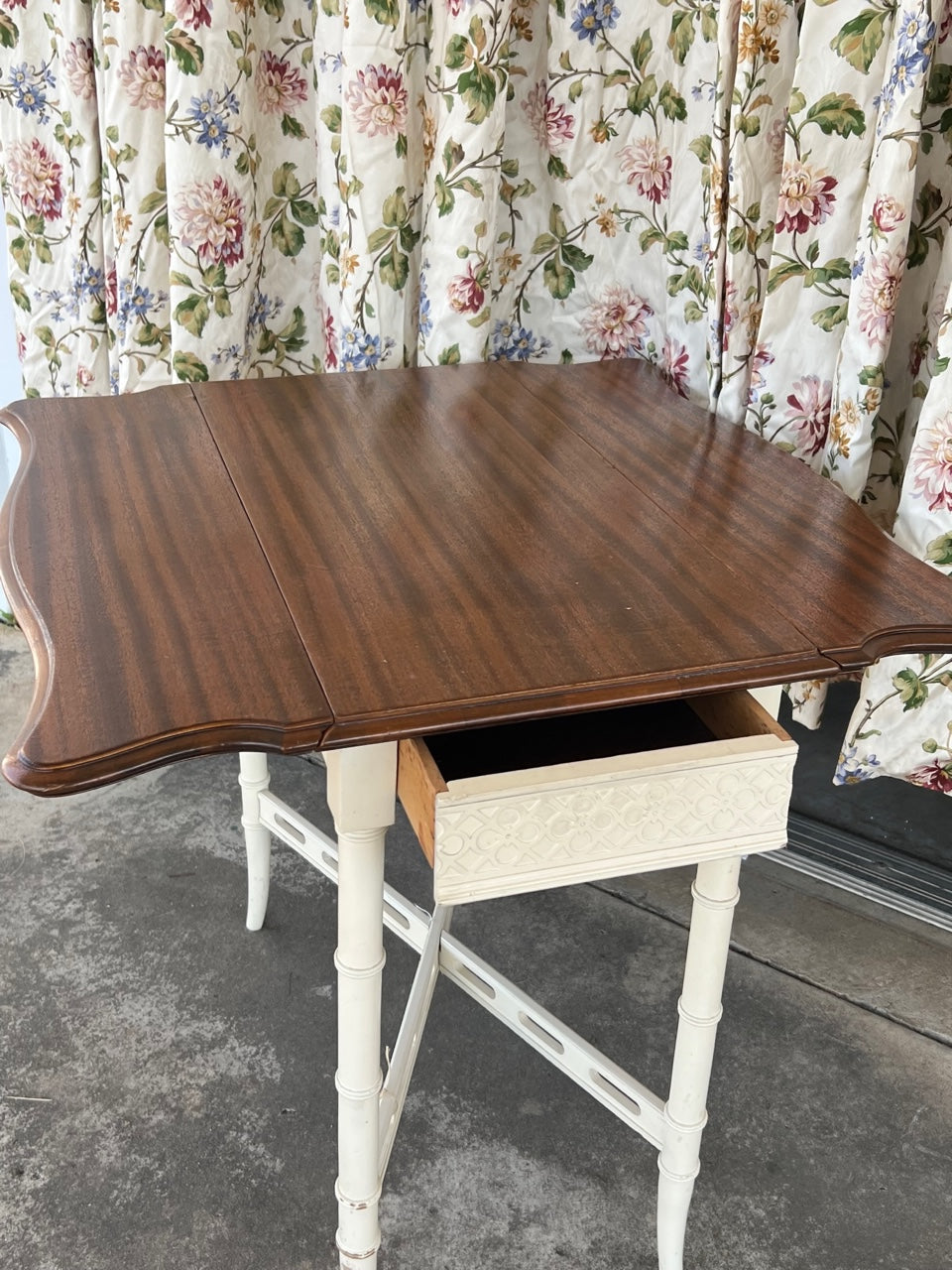 Bamboo-Look White Drop Leaf Table with Wood Top